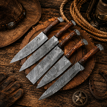 Handcrafted 5-Piece Damascus Steel Kitchen Chef Knife Set Ironwood Handle