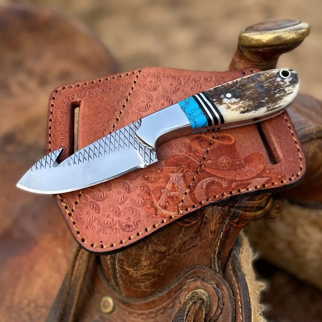 Handcrafted Rasp Farrier File Steel Tool Antler Turquoise Gut Hook with Leather Sheath