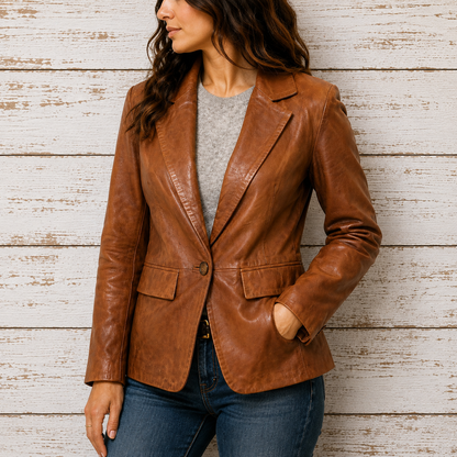 A woman wearing a brown faux-leather blazer over a gray top and blue jeans, standing 