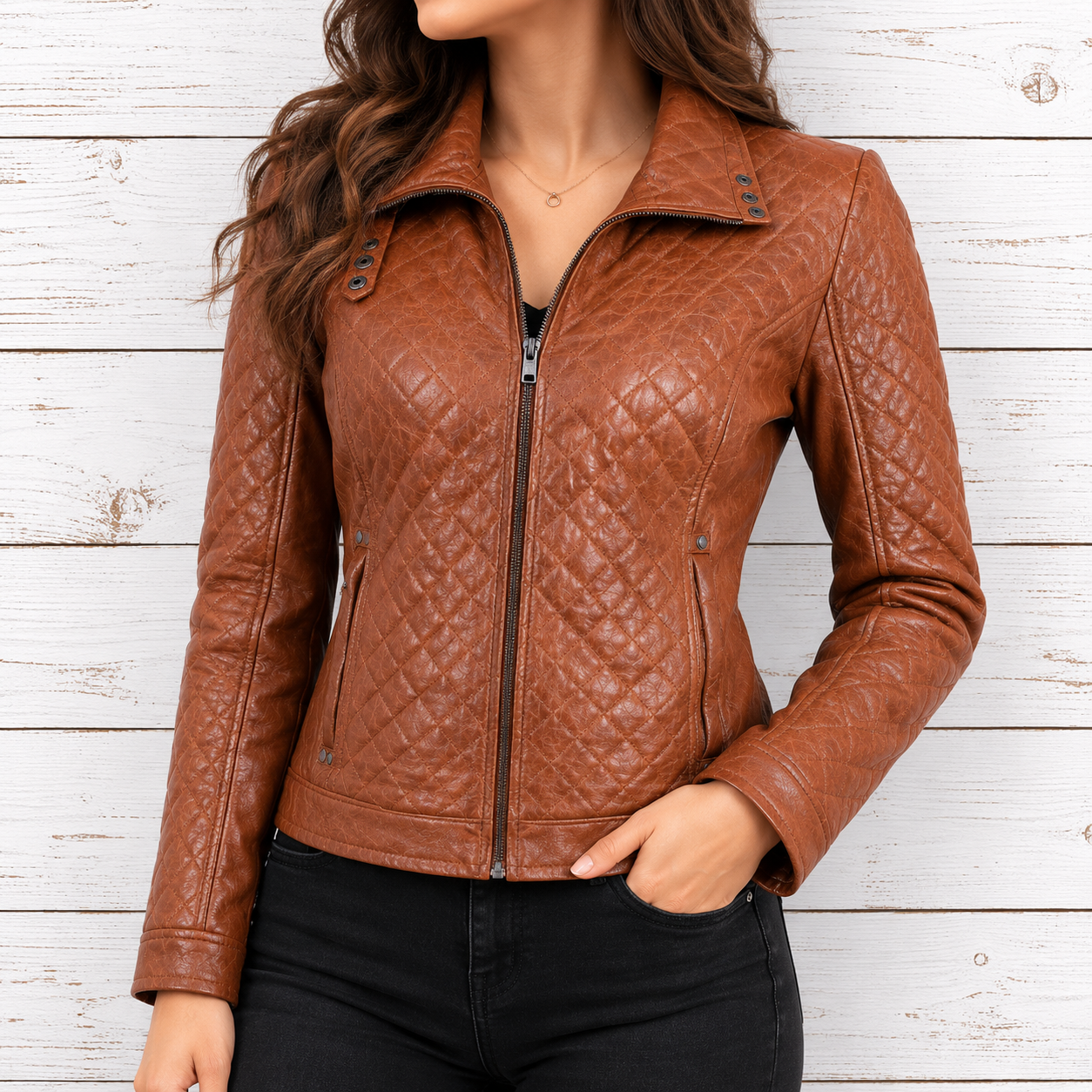 A woman wearing a brown quilted faux-leather moto jacket with a stand collar and front zipper, paired with black jeans