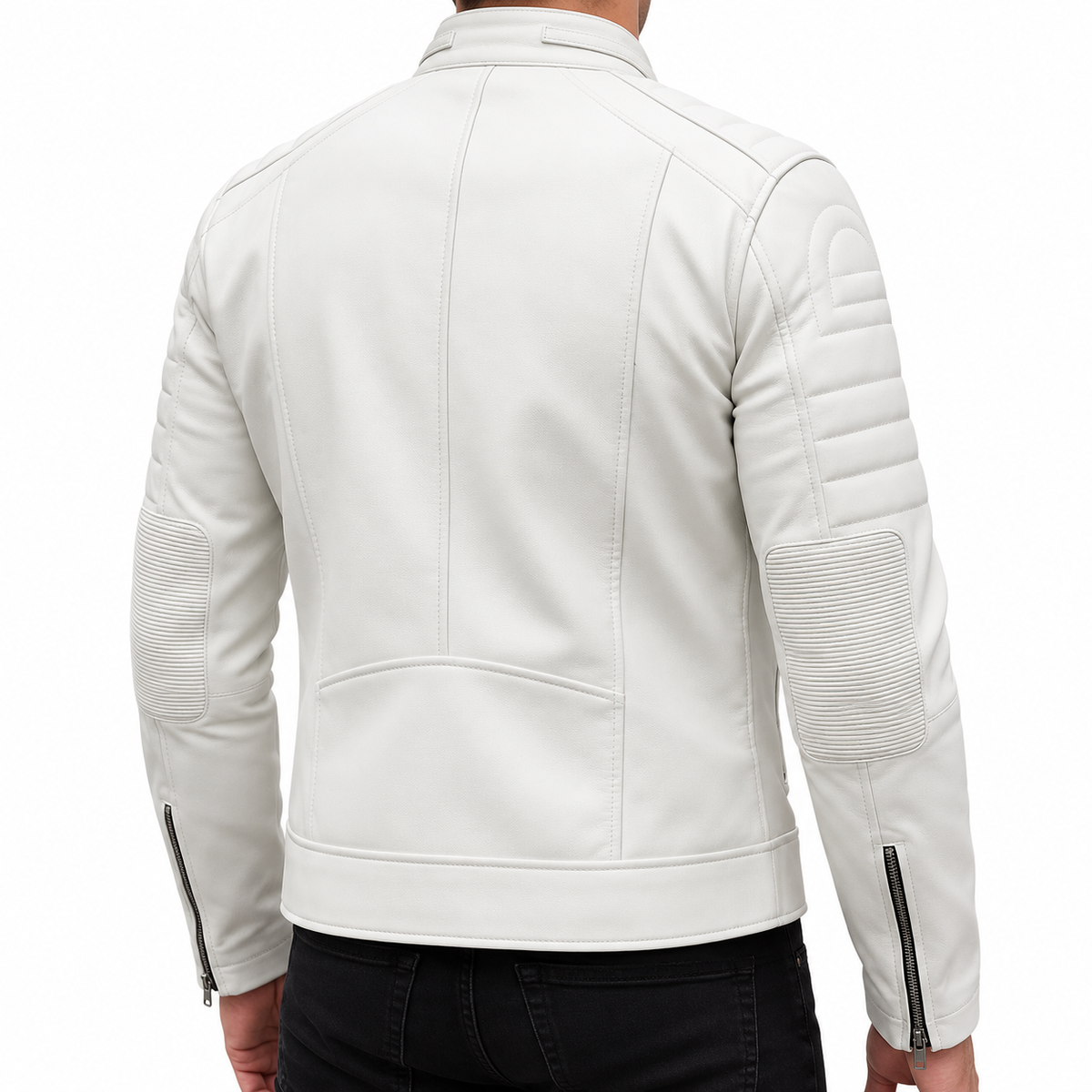 A man wearing a white faux leather motorcycle jacket, shown from the back. The jacket features quilted elbow patches, zippered sleeve cuffs, and a high collar, paired with black pants against a plain white background.