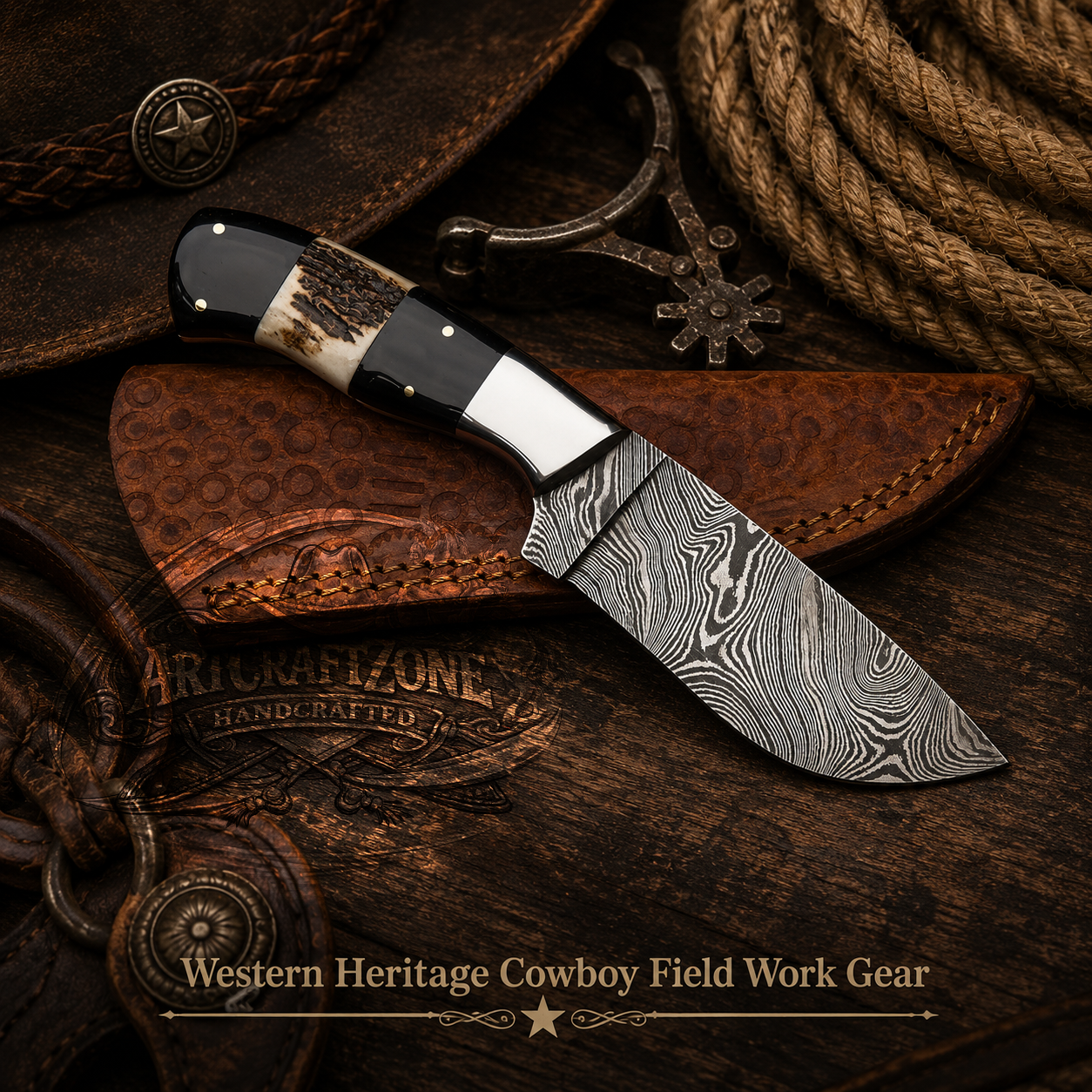 Handcrafted 8" Damascus Steel Western Cowboy Field Work Tool with Leather Sheath