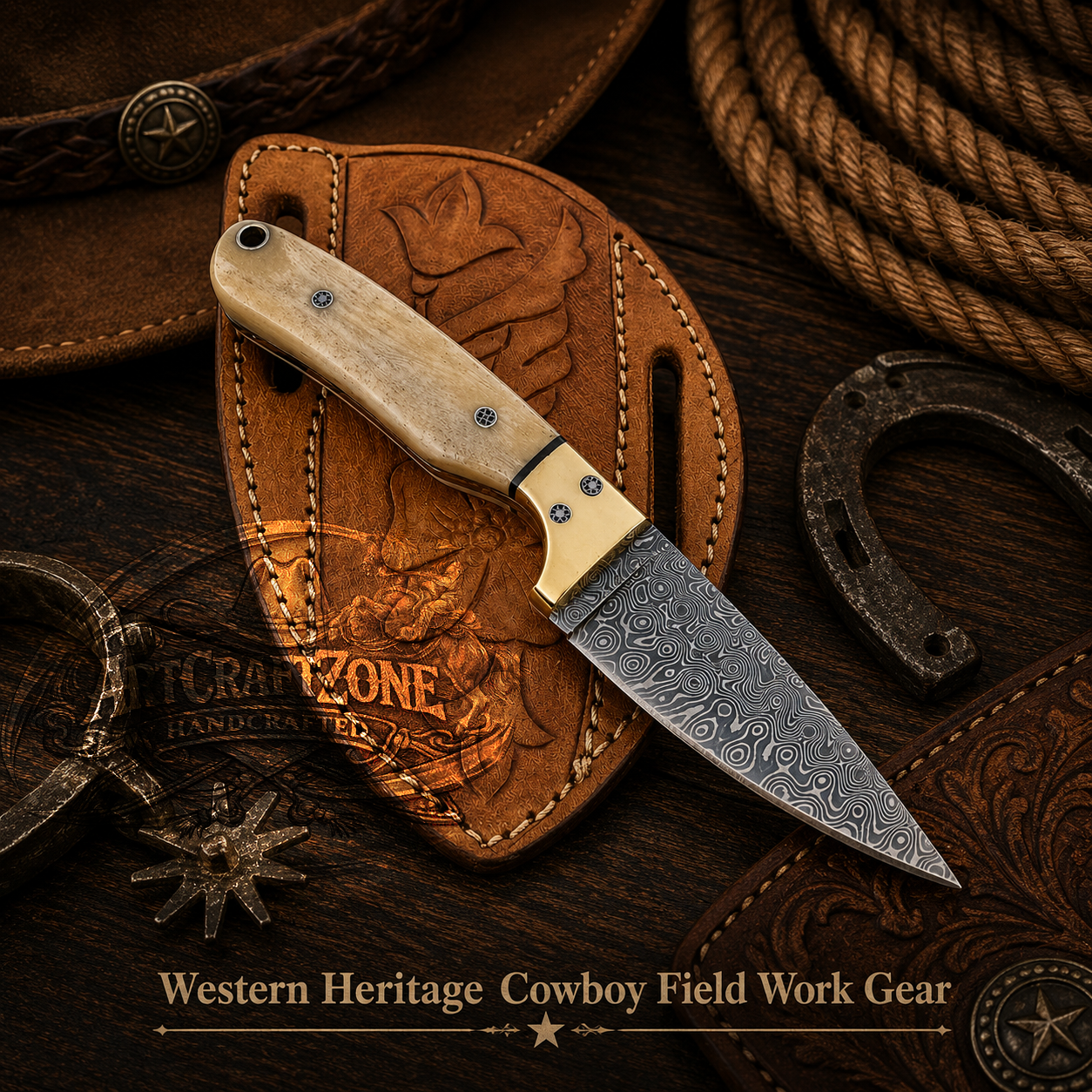 Handcrafted 8" Premium Damascus Raindrop Pattern Western Cowboy Field Work Tool with Leather Sheath