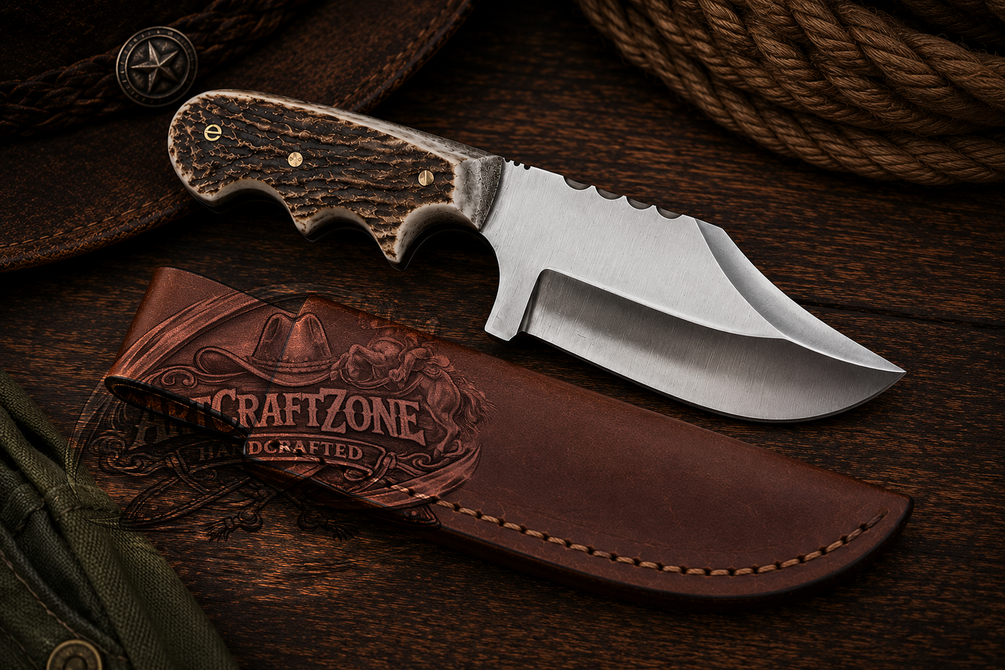 Handcrafted 7" 1095 Steel Western Cowboy Field Work Tool with Leather Sheath