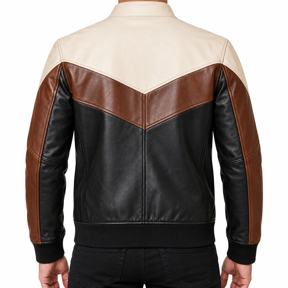 Men’s Black, Brown & Cream Leather Jacket – Modern Colorblock Bomber Jacket