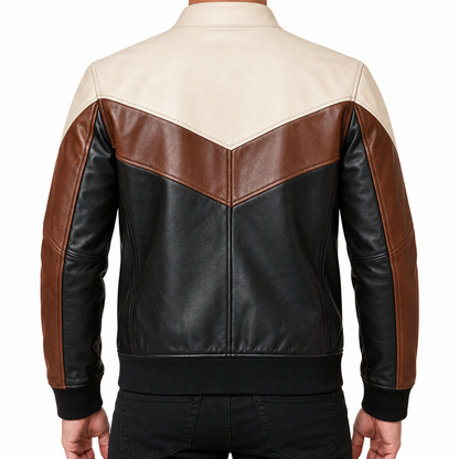Men’s Black, Brown & Cream Leather Jacket – Modern Colorblock Bomber Jacket
