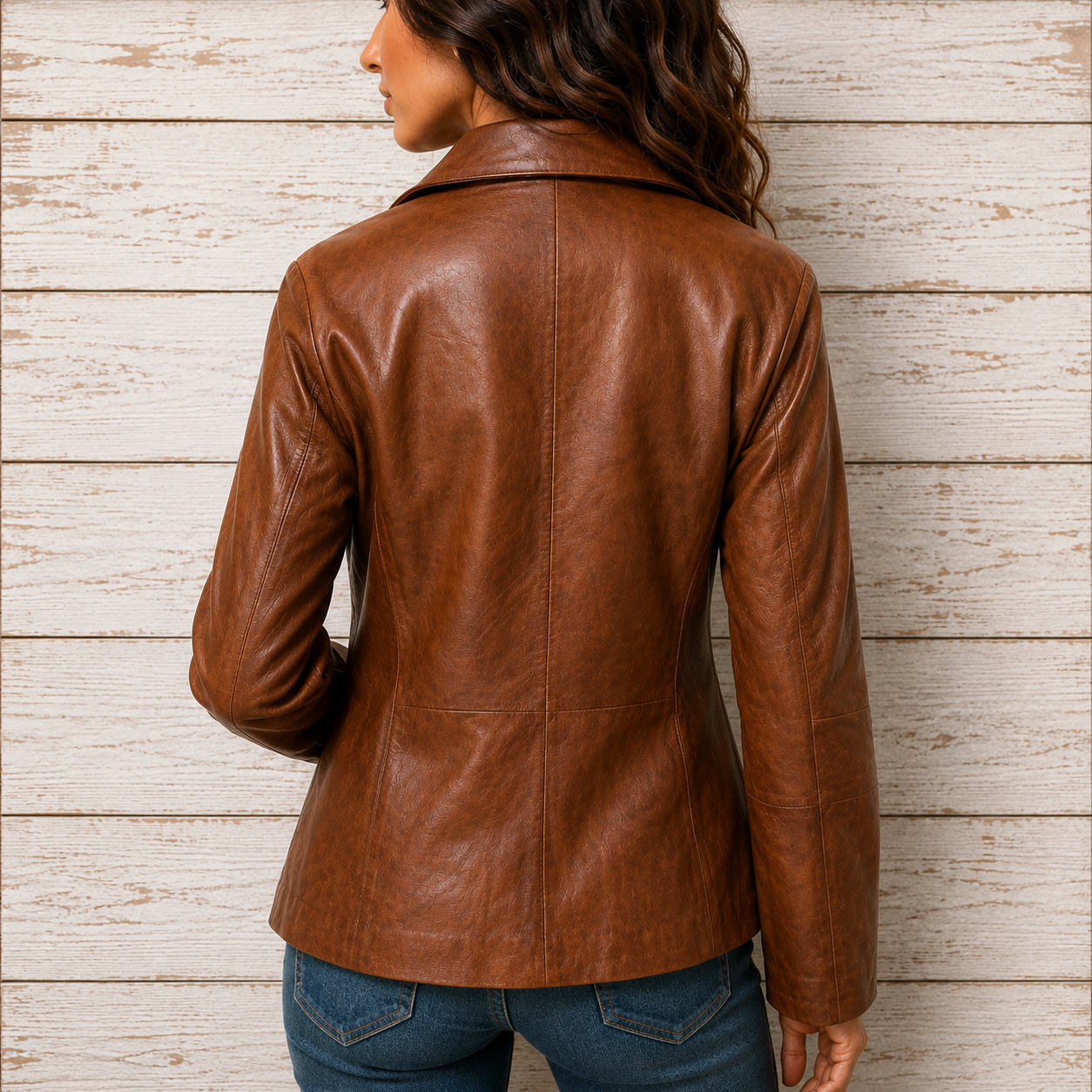 A woman shown from the back wearing a fitted brown faux-leather jacket with a collar, paired with blue jeans