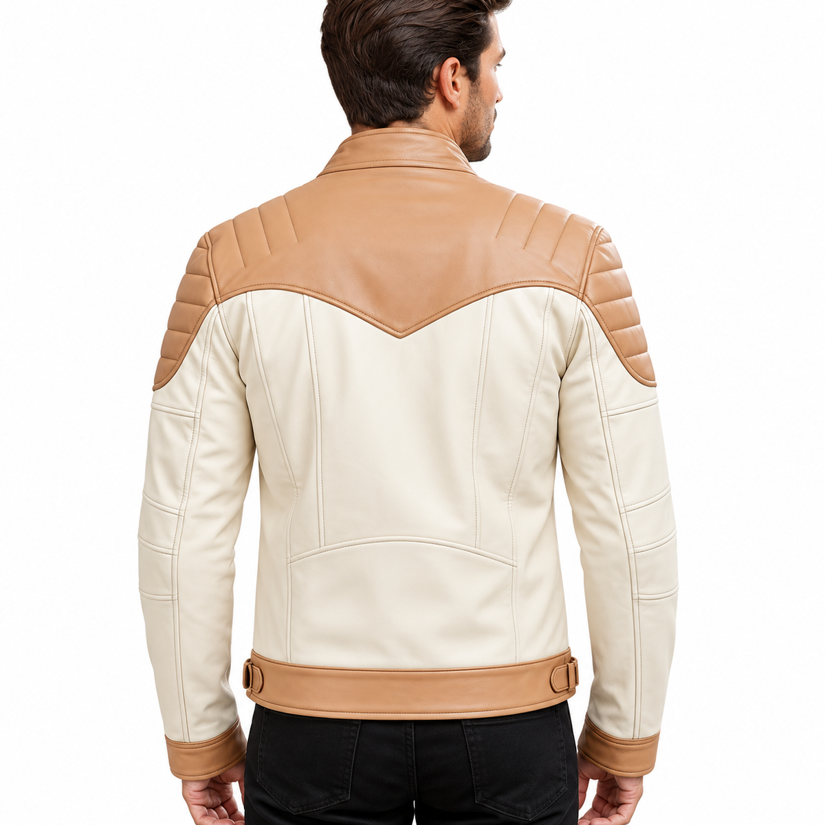 Men’s Cream and Tan Leather Biker Jacket – Quilted Shoulder Zip-Up Jacket