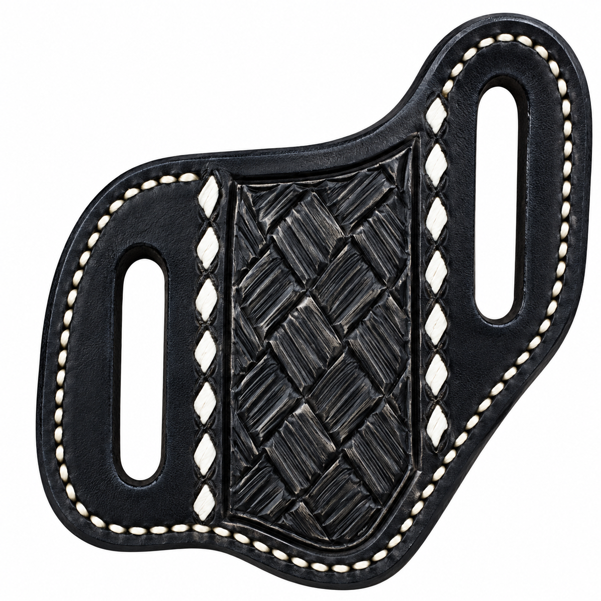 Black leather belt holster with a woven basketweave center panel, white contrast stitching, and two cutout loops, shown on a plain white background.