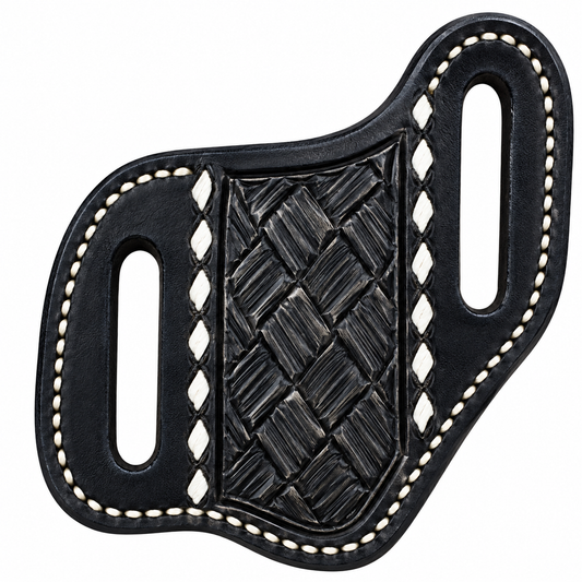 Black leather belt holster with a woven basketweave center panel, white contrast stitching, and two cutout loops, shown on a plain white background.