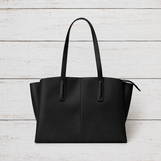 A black leather tote bag with long shoulder straps, displayed flat against a white-washed wooden plank background.