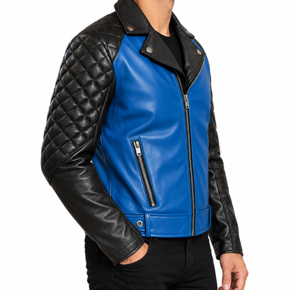 Men’s Blue and Black Leather Biker Jacket – Quilted Shoulder Motorcycle Style Jacket