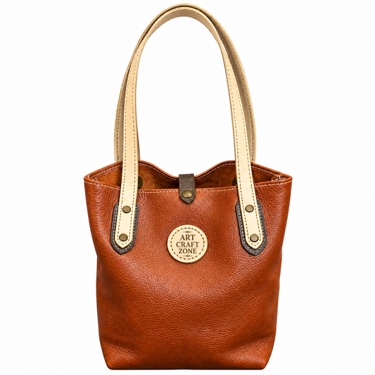 A brown pebbled leather tote bag with cream-colored handles and a circular beige leather logo patch on the front that reads 'ART CRAFT ZONE'.