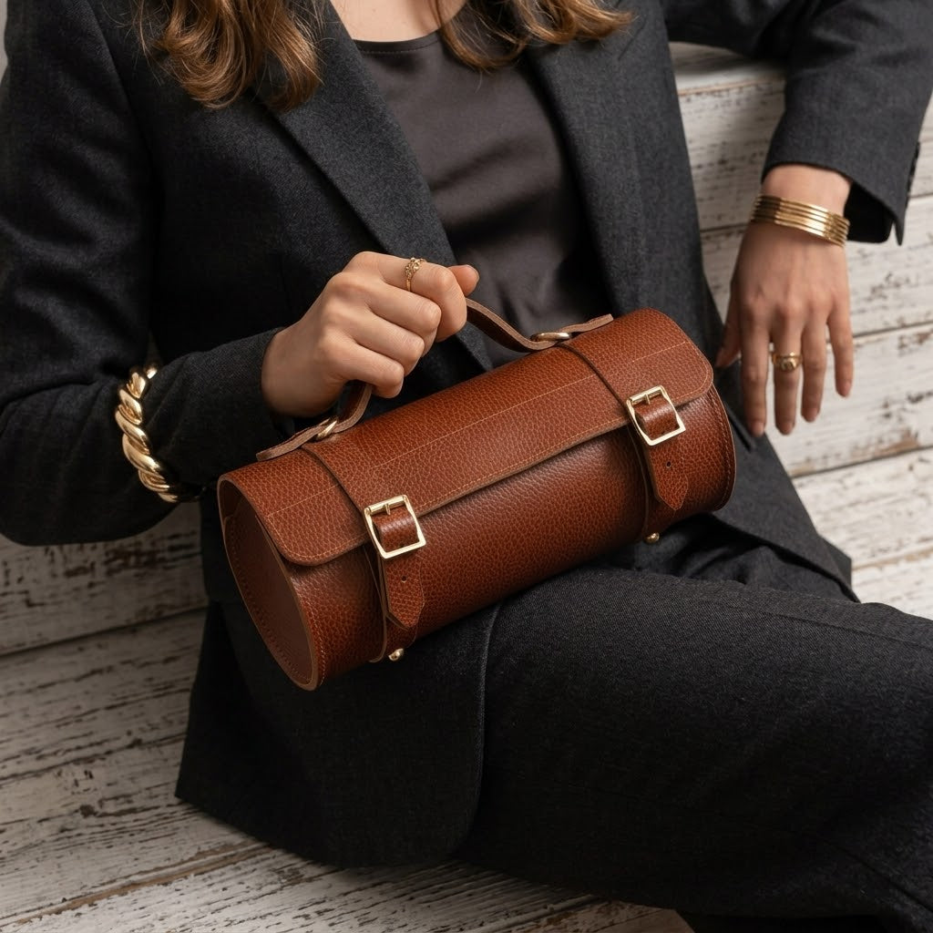 A woman in a dark gray blazer and black top holds a brown pebbled leather cylindrical handbag with gold-tone buckle details