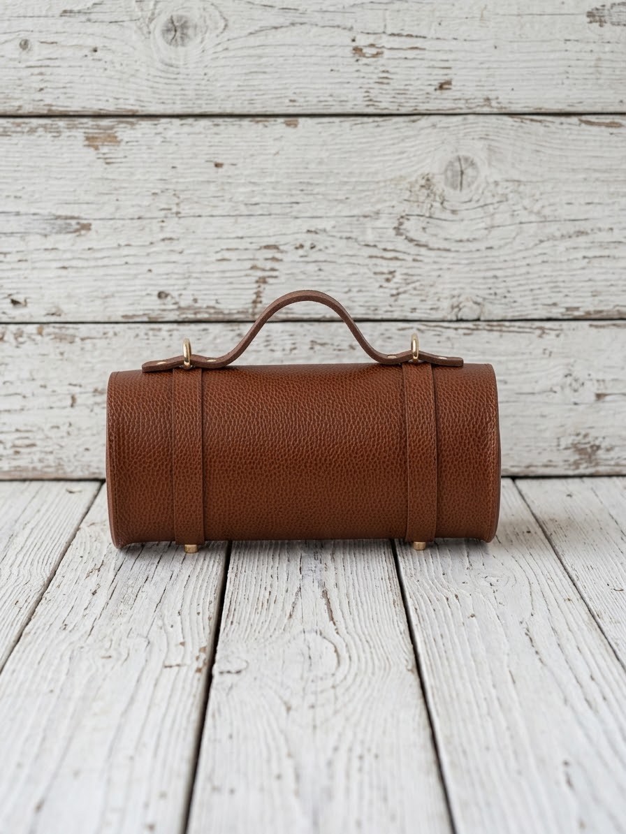 A brown textured leather cylindrical handbag with a top handle and gold-tone hardware