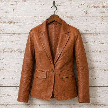 A brown faux-leather blazer jacket with a single button closure, hanging on a wooden hanger 