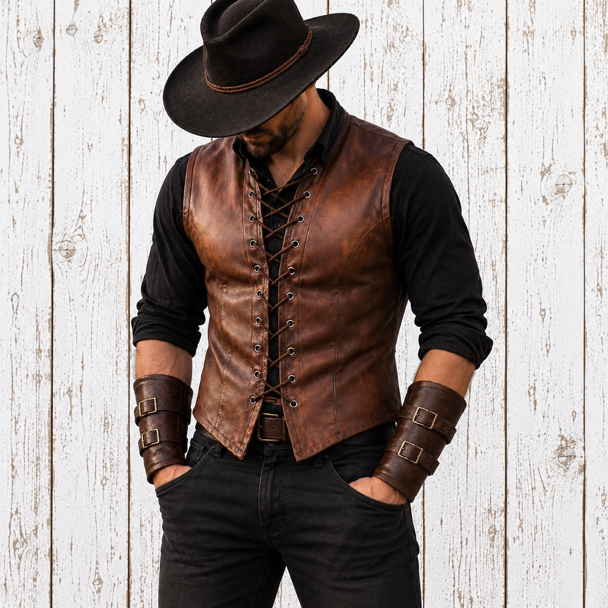 A man wearing a brown leather lace-up vest over a black long-sleeve shirt and black pants, with a black cowboy hat and matching brown leather wrist cuffs, standing against a white wood plank background.