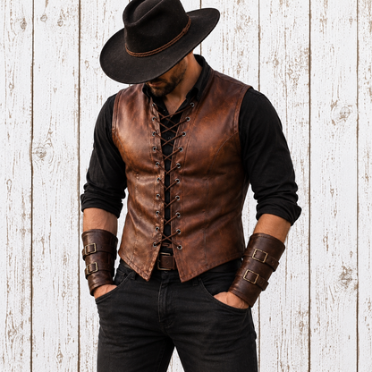 A man wearing a brown leather lace-up vest over a black long-sleeve shirt and black pants, with a black cowboy hat and matching brown leather wrist cuffs, standing against a white wood plank background.