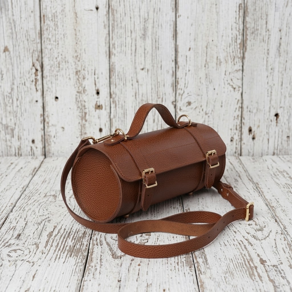 A brown textured leather cylindrical shoulder bag with a top handle, buckle closures, and a detachable shoulder strap