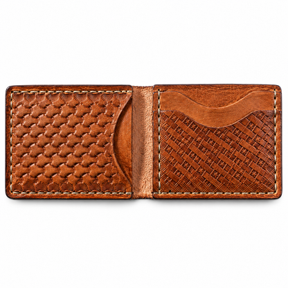 A brown leather bifold wallet shown open, featuring a textured embossed pattern on the left panel and a basketweave design on the right card slot panel, set against a plain white background.