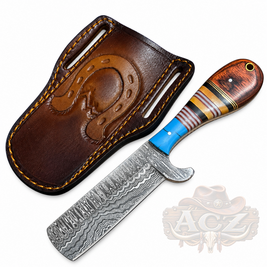 Western Damascus Bull Cutter Knife – 8" Fancy Handle & Leather Sheath