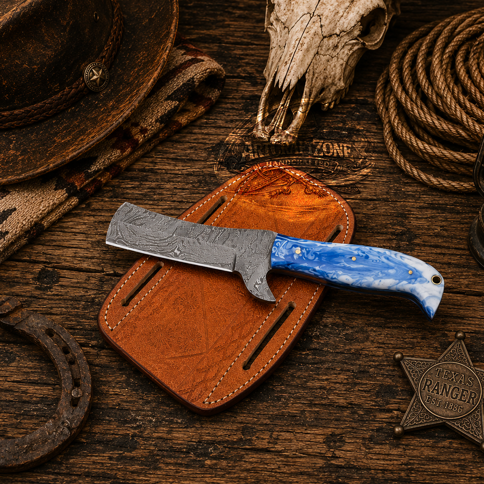 7" Handcrafted Bull Cutter Damascus Steel Blue & White Resin Handle - Leather Sheath