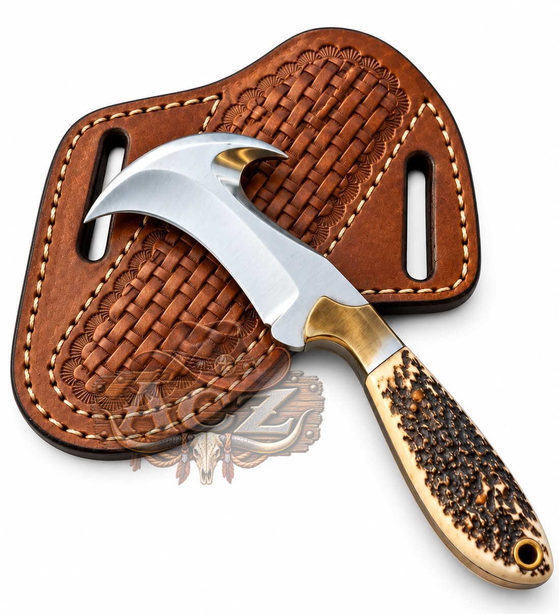 A curved silver metal knife with a textured bone handle, displayed diagonally over its brown leather sheath on a white background.