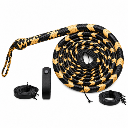 Black and tan braided leather whip coiled on a white background, shown with a black leather strap, a black snap button, and two small rolled leather ends.