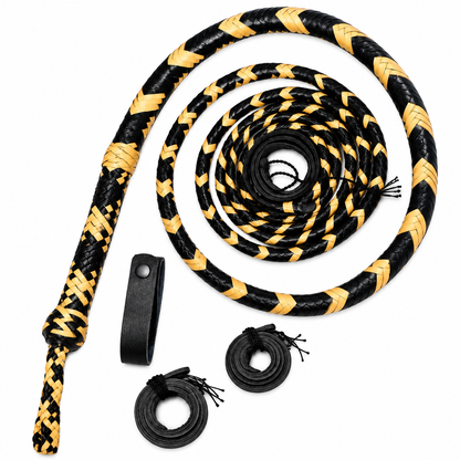A black and yellow braided leather whip shown coiled with its black leather keeper and two small black leather loops on a plain white background.