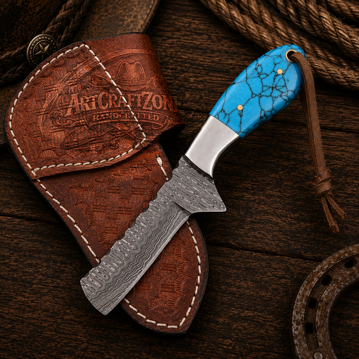 6" Handcrafted Damascus Steel Bull Cutter Turquoise Handle - Leather Sheath