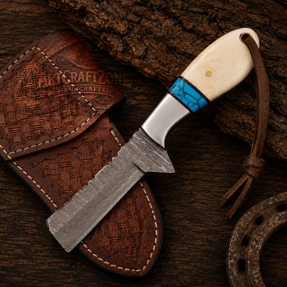 6" Handcrafted Rasp Steel Bull Cutter Bone & Turquoise - Leather Sheath
