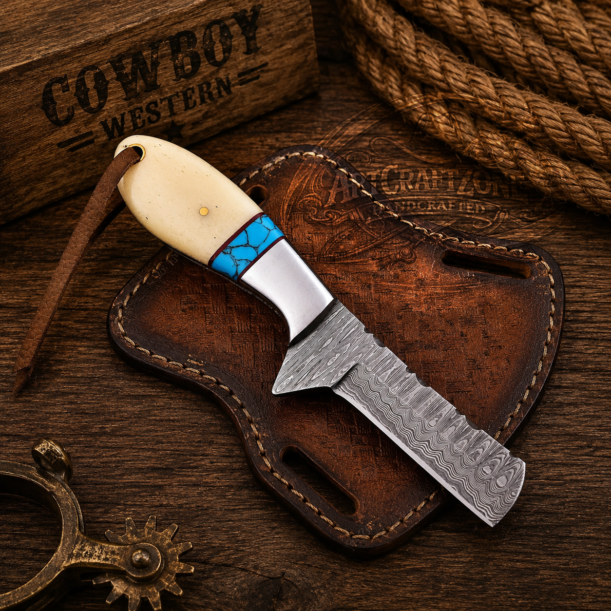 6" Handcrafted Rasp Steel Bull Cutter Bone & Turquoise - Leather Sheath