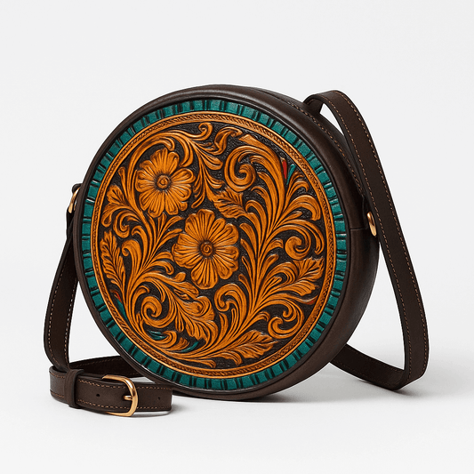 A round dark brown leather crossbody bag with an intricate hand-tooled floral design in orange and black, bordered by turquoise inlay, shown on a light gray background.