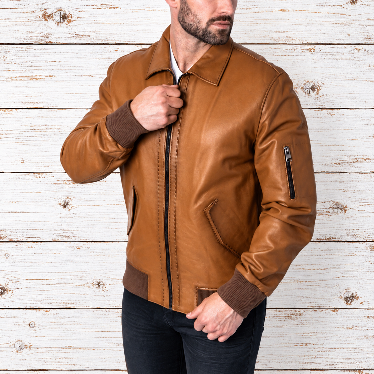 Classic Collar Real Leather Brown Jacket for Men