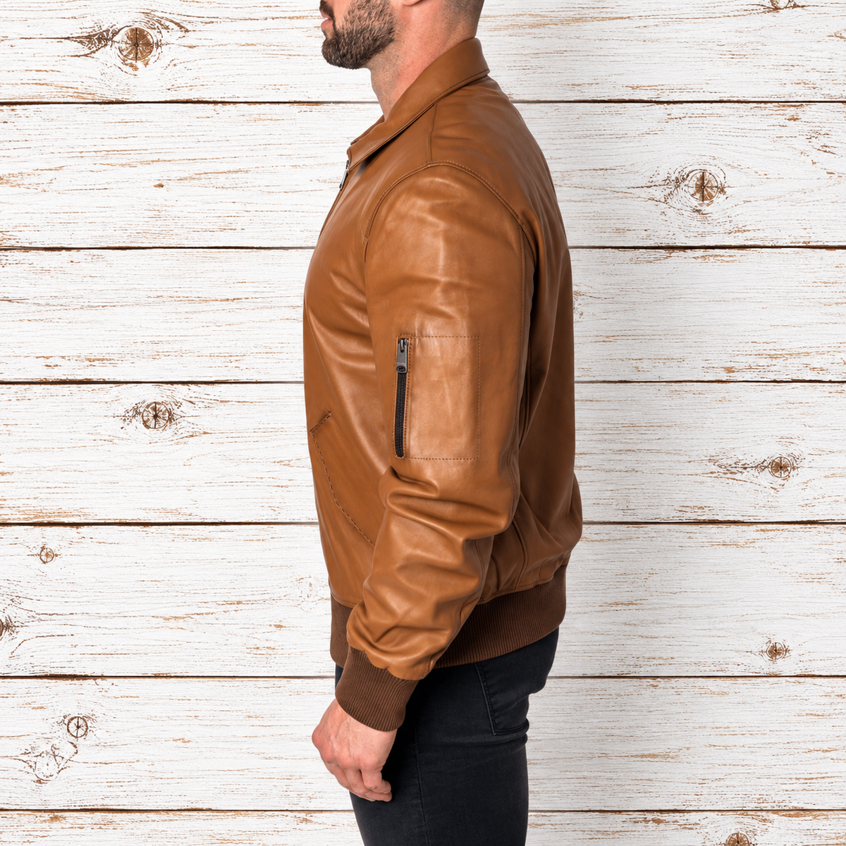 Classic Collar Real Leather Brown Jacket for Men
