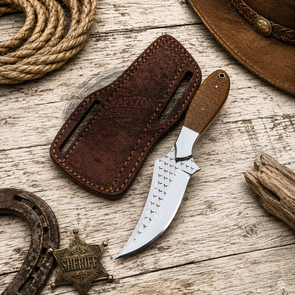 Handcrafted Goods Hunting Skinning Knife Rasp Steel Blade Honeycomb Steel Guard Western Cowboy with Leather Sheath