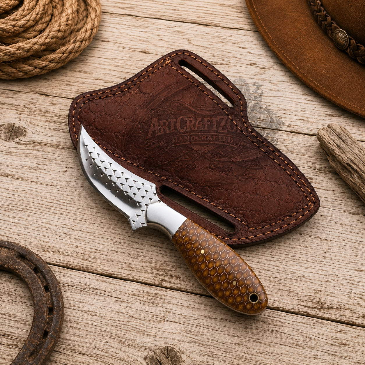 Handcrafted Goods Hunting Skinning Knife Rasp Steel Blade Honeycomb Steel Guard Western Cowboy with Leather Sheath