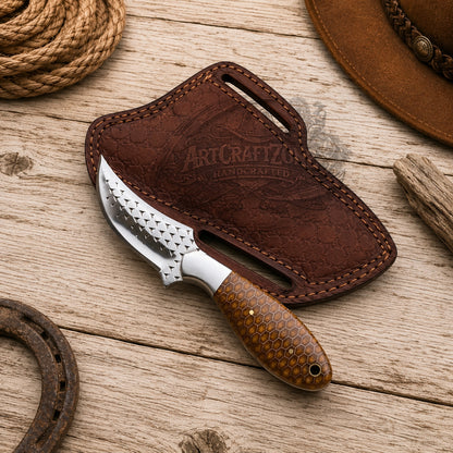 Handcrafted Goods Hunting Skinning Knife Rasp Steel Blade Honeycomb Steel Guard Western Cowboy with Leather Sheath