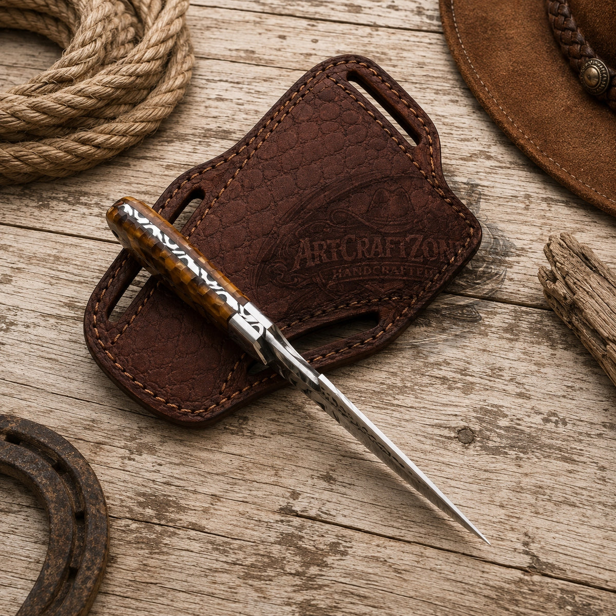 Handcrafted Goods Hunting Skinning Knife Rasp Steel Blade Honeycomb Steel Guard Western Cowboy with Leather Sheath