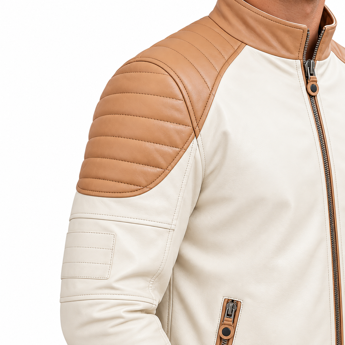 Men’s Cream and Tan Leather Biker Jacket – Quilted Shoulder Zip-Up Jacket