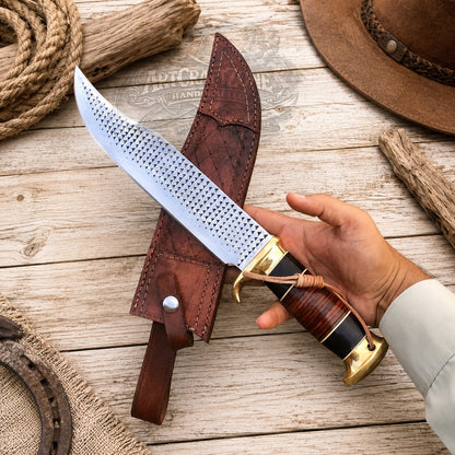 Handcrafted Bowie Knife Rasp Steel Blade Brass Leather Black Micarta Handle Western Cowboy with Leather Sheath