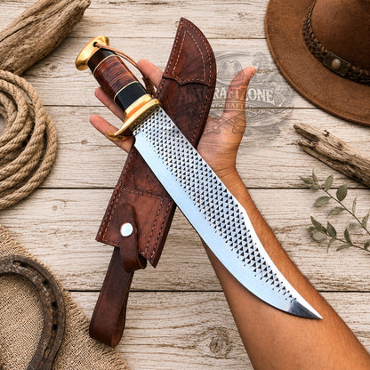 Handcrafted Bowie Knife Rasp Steel Blade Brass Leather Black Micarta Handle Western Cowboy with Leather Sheath