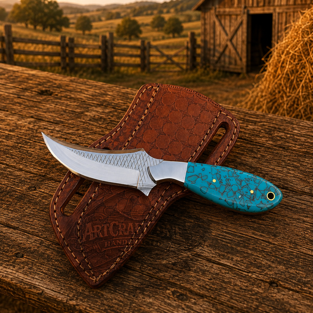 Custom Cowboy Knife with Epoxy Handle & Leather Sheath – Western Handmade Rasp Steel Blade