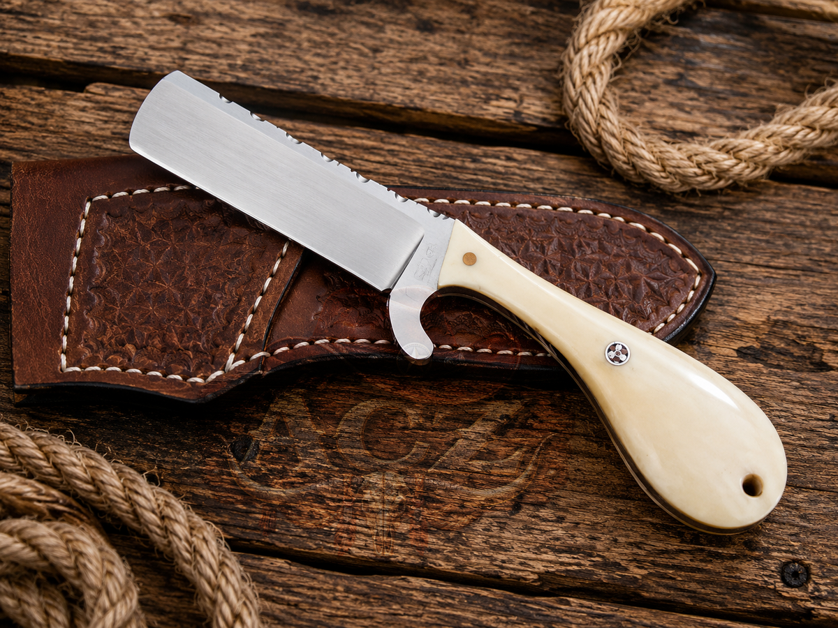 A fixed-blade knife with a silver serrated blade and a cream-colored bone handle, resting diagonally on a brown leather sheath over a rustic wooden surface with coiled rope.