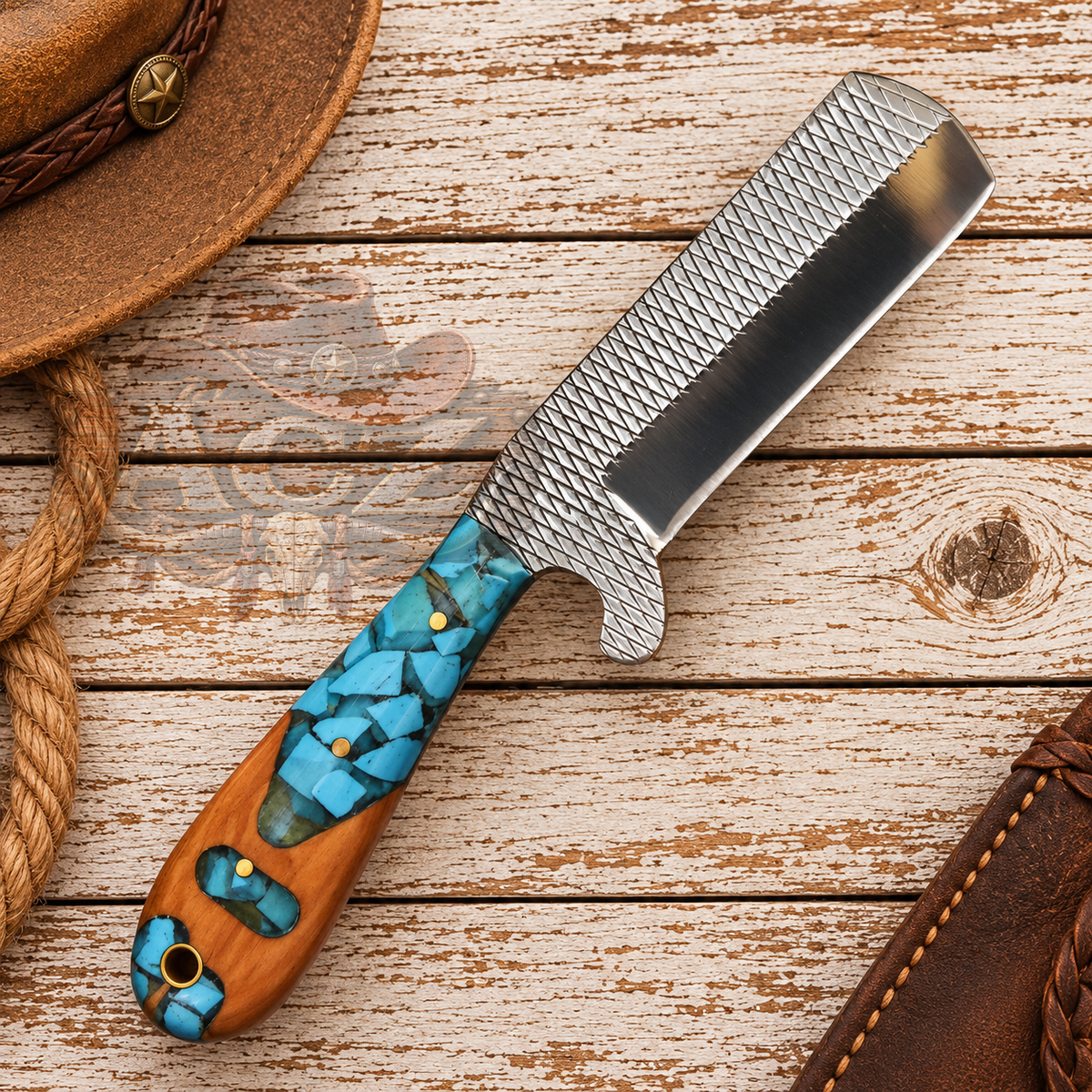 A custom knife with a textured silver steel blade and a handcrafted wooden handle featuring turquoise inlay, displayed diagonally on a rustic whitewashed wooden plank background with a cowboy hat, rope, and leather strap as props.