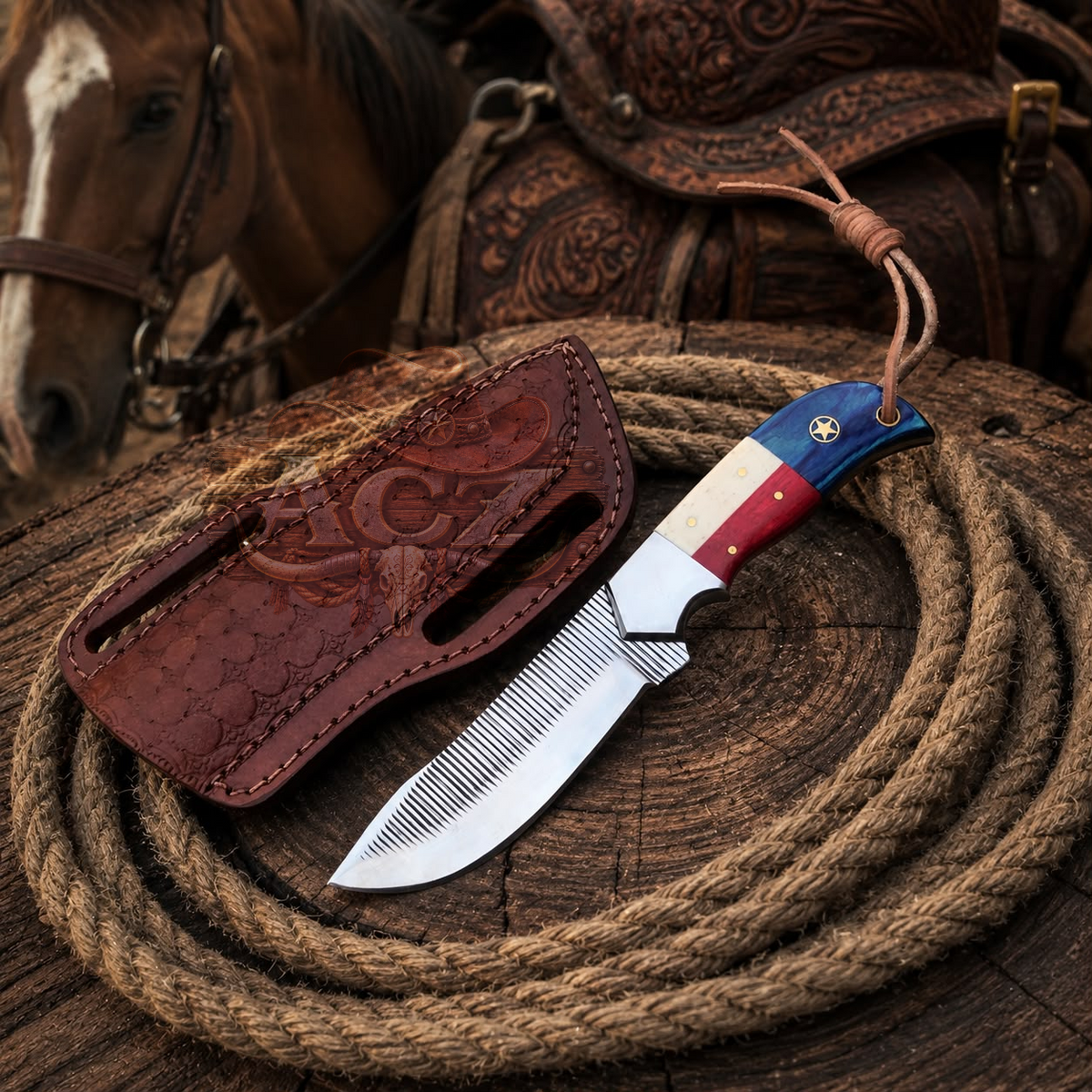 Texas Flag Western Cowboy Knife – Rasp Steel Blade with Exotic Wood Handle & Leather Sheath