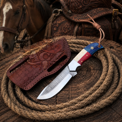 Texas Flag Western Cowboy Knife – Rasp Steel Blade with Exotic Wood Handle & Leather Sheath