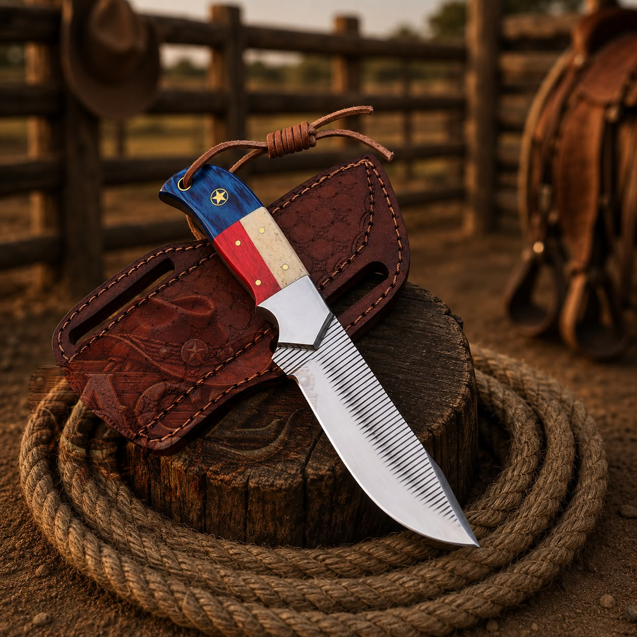 A fixed-blade knife with a blue, red, and gold handle rests on a brown leather sheath, placed on a wooden stump with a coiled rope in a rustic outdoor setting with a fence and saddle in the background.