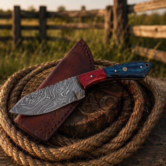 8" Handcrafted Damascus Ranch Utility Knife Exotic Wood Handle - Leather Sheath