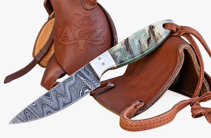 7" Handcrafted Damascus Steel Field Work Tool Sheep,Antler,Bone & wood Handle - Leather Sheath